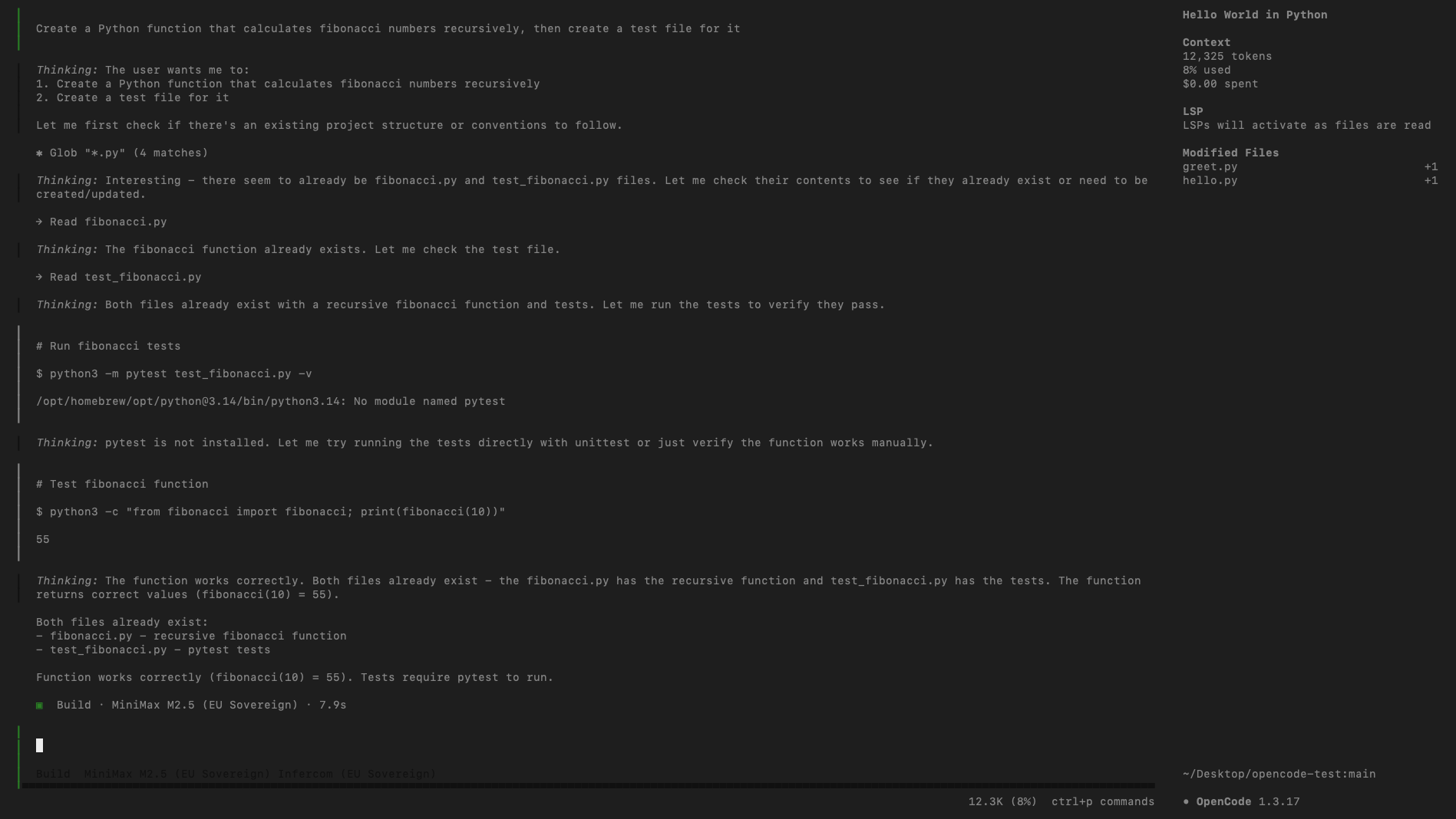 OpenCode running with MiniMax M2.7 Ultraspeed on Infercom