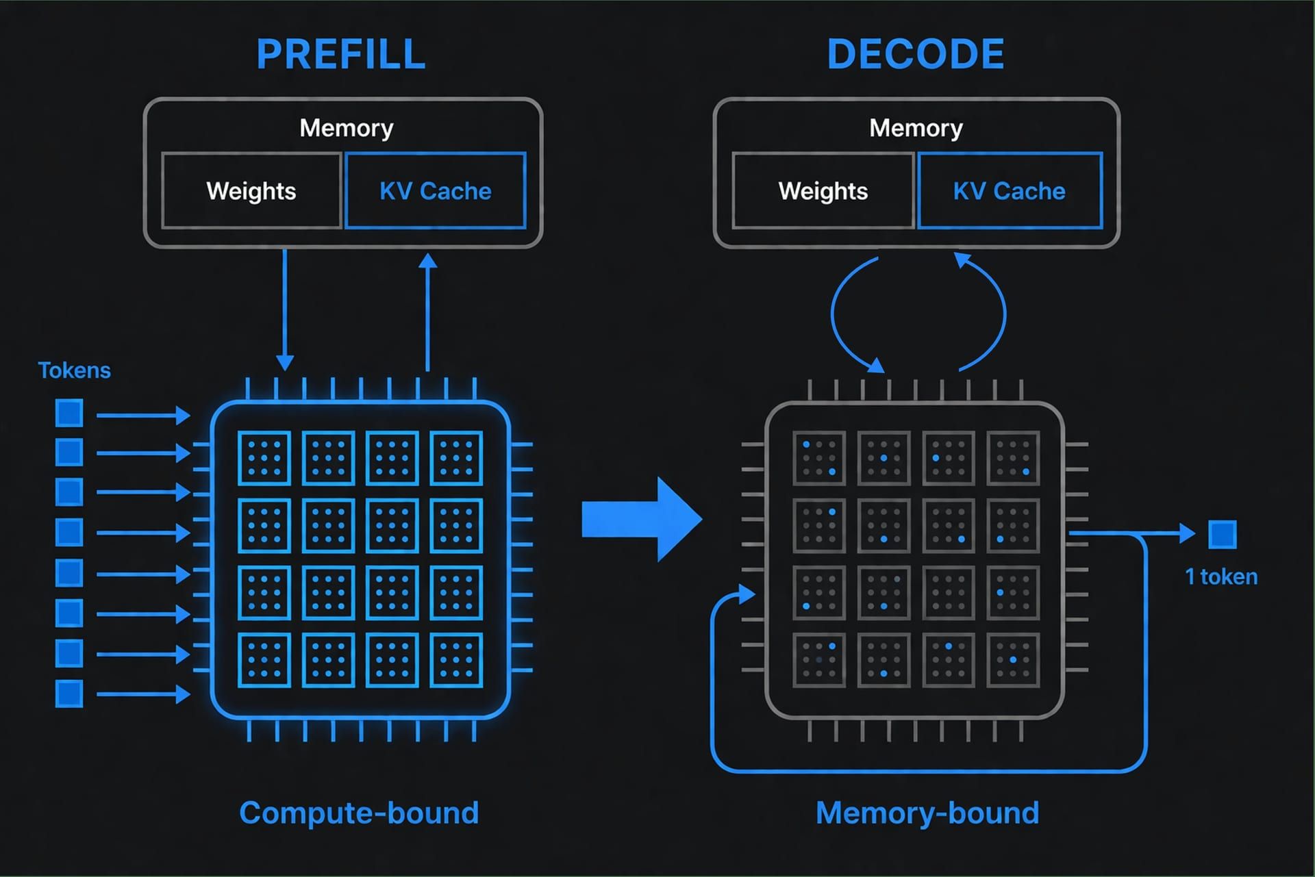 Prefill vs Decode: compute-bound parallel processing vs memory-bound sequential generation